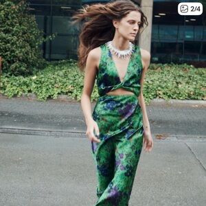 Zara Satin Green Floral Midi Dress